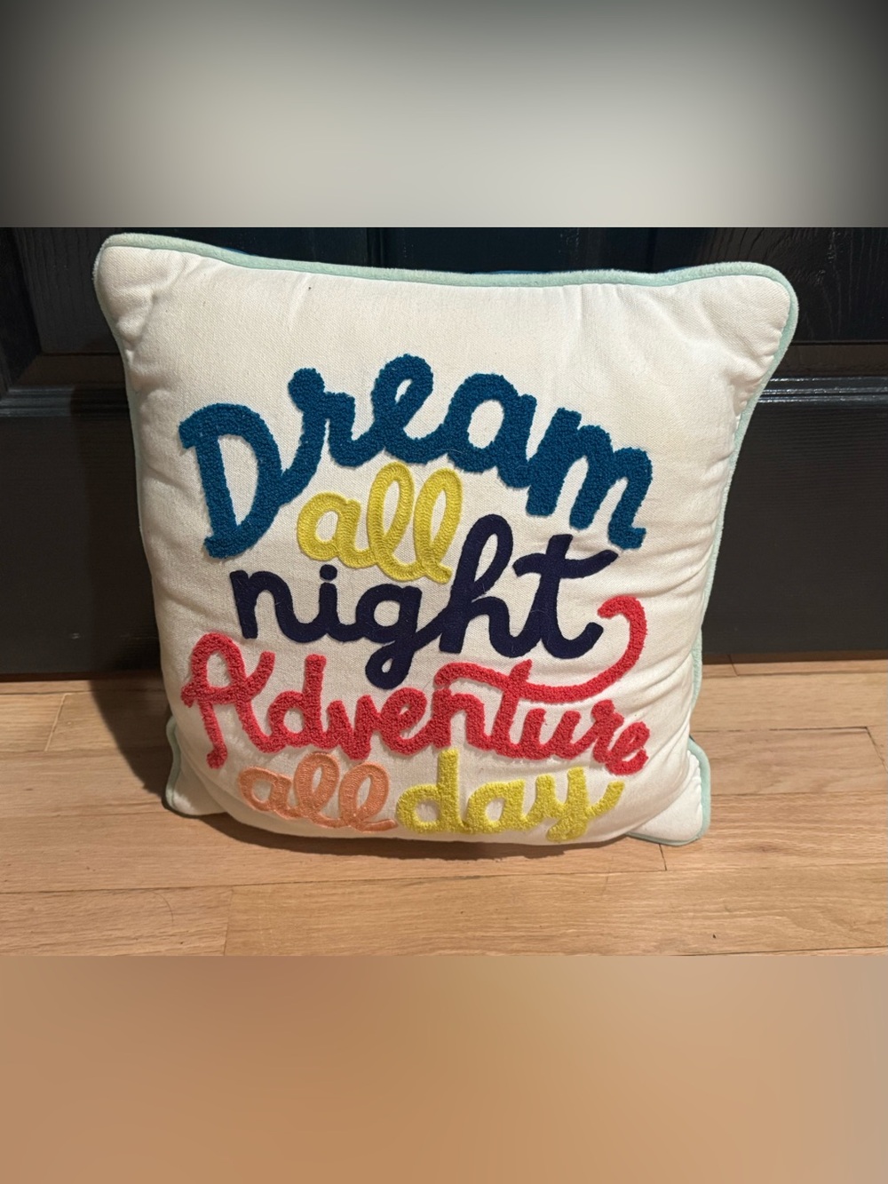 Embroidered 'Dream All Night Adventure All Day' Boucle Throw Pillow